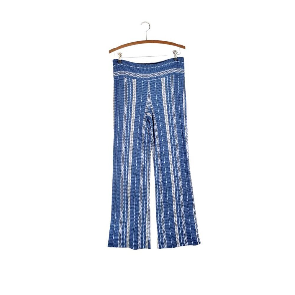 Elana Kattan Flare Leg Pants Blue Stripe Crochet Look Pull On Womens Size Medium